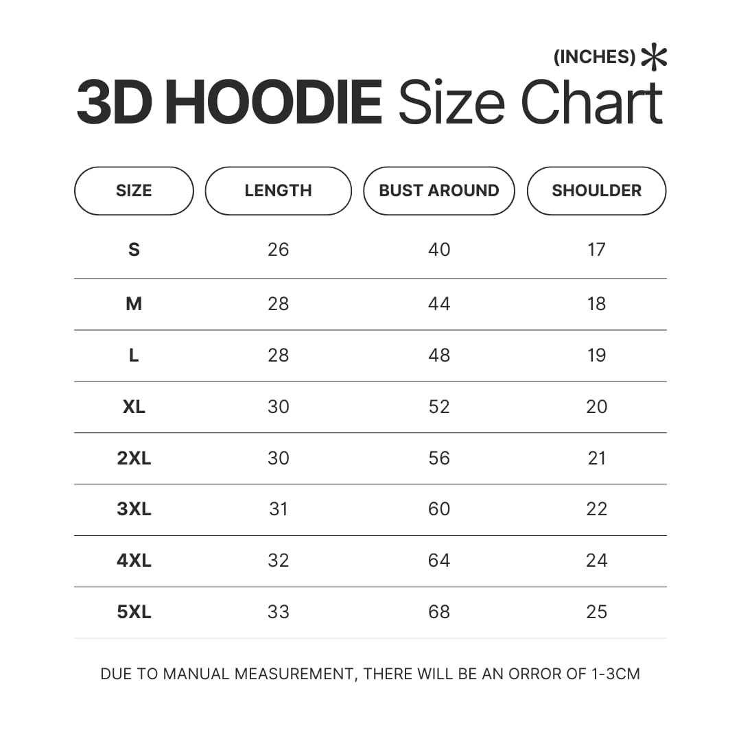3D Hoodie Size Chart - Dandadan Store