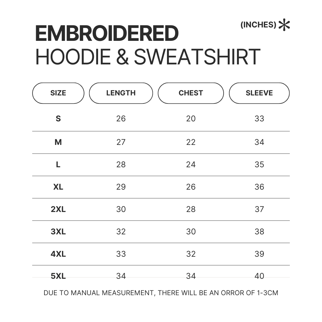 Embroidered Hoodie Sweatshirt Size Chart 1 - Dandadan Store