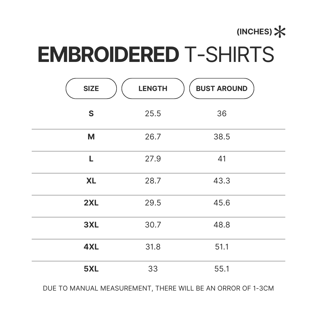 Embroidered T shirt Size Chart 1 - Dandadan Store